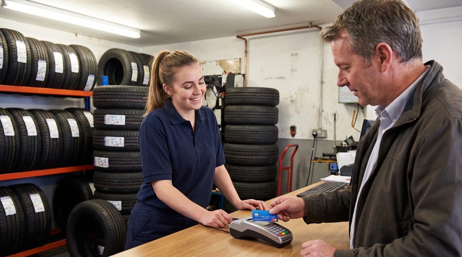 A service advisor at a tire shop counter