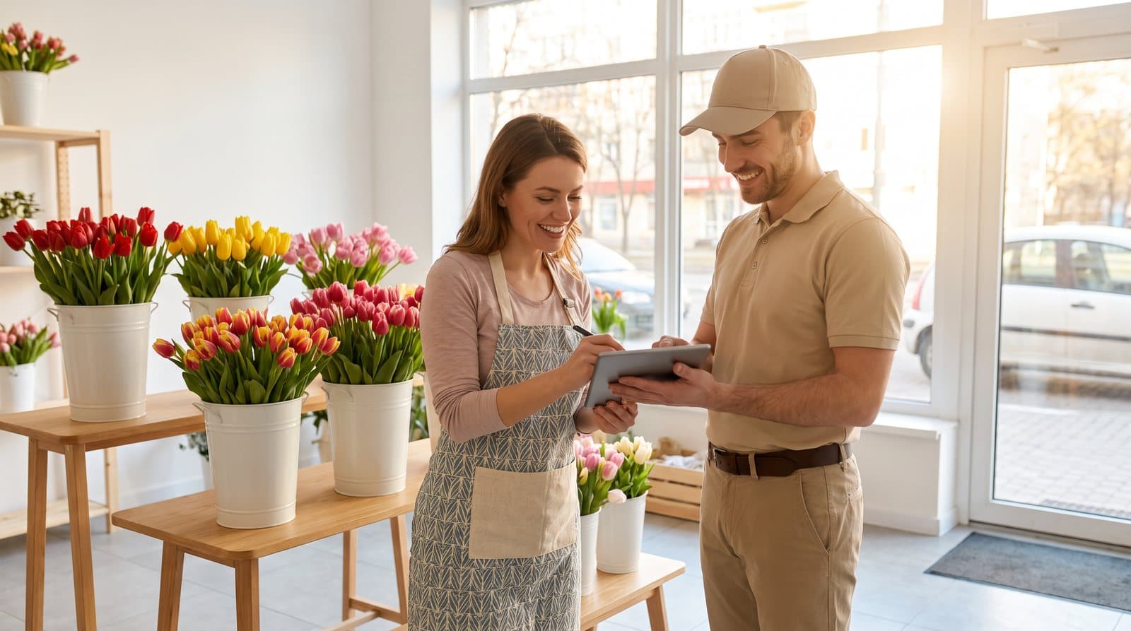 A florist signs for a flower delivery