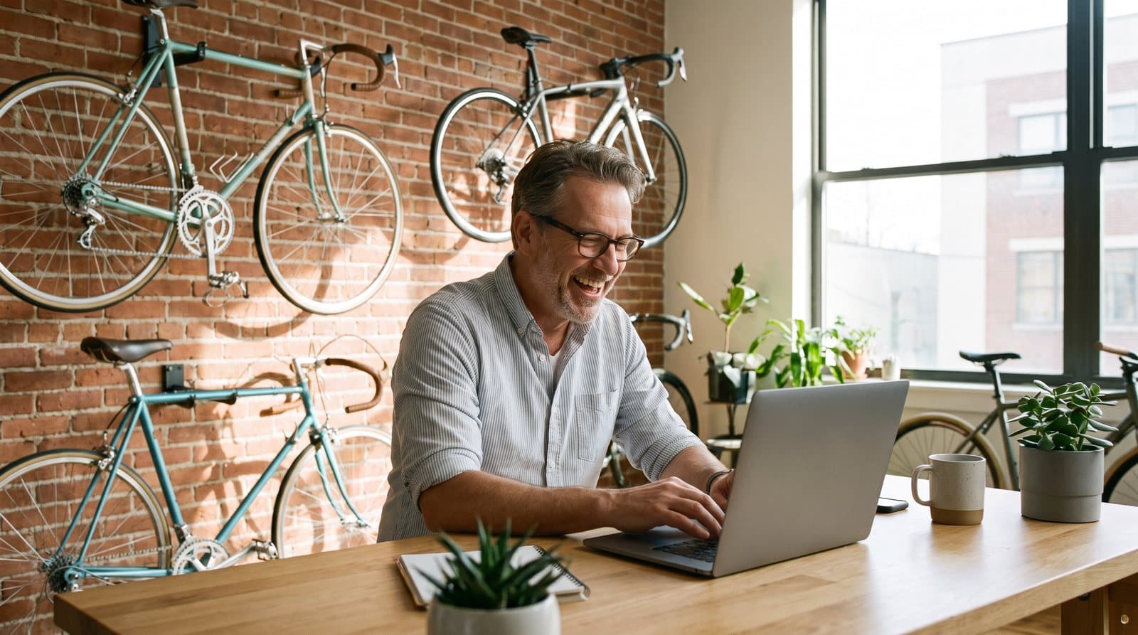 A bike shop owner smiles on a video call in his back office