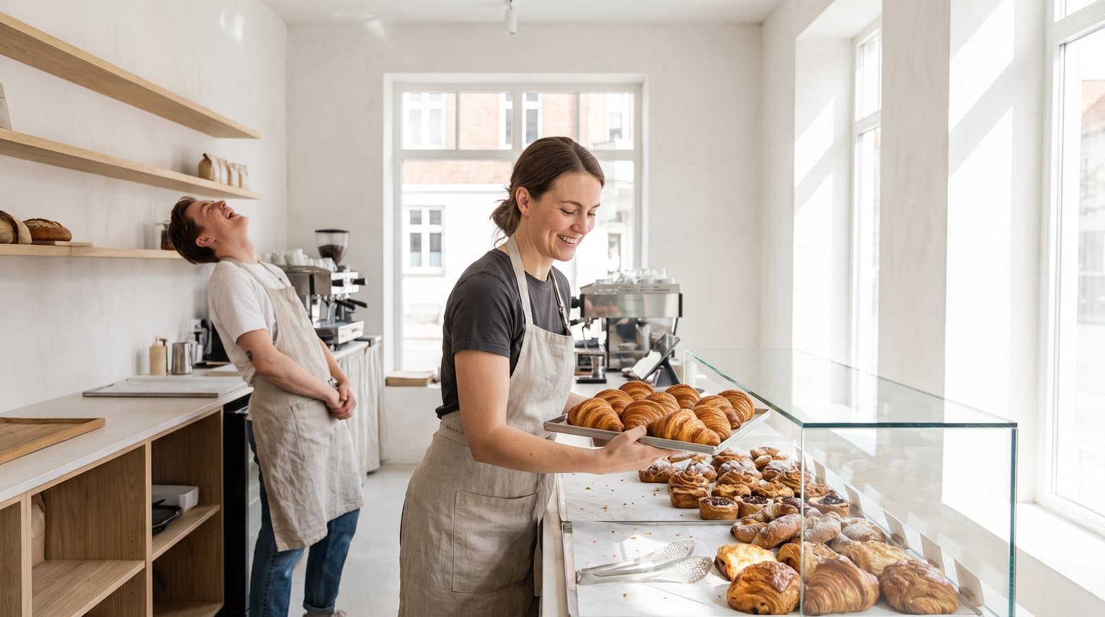 A bakery owner restocks the pastry case