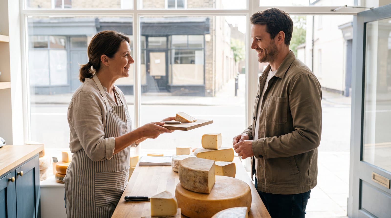 La propriétaire d'une fromagerie offre un échantillon à un client