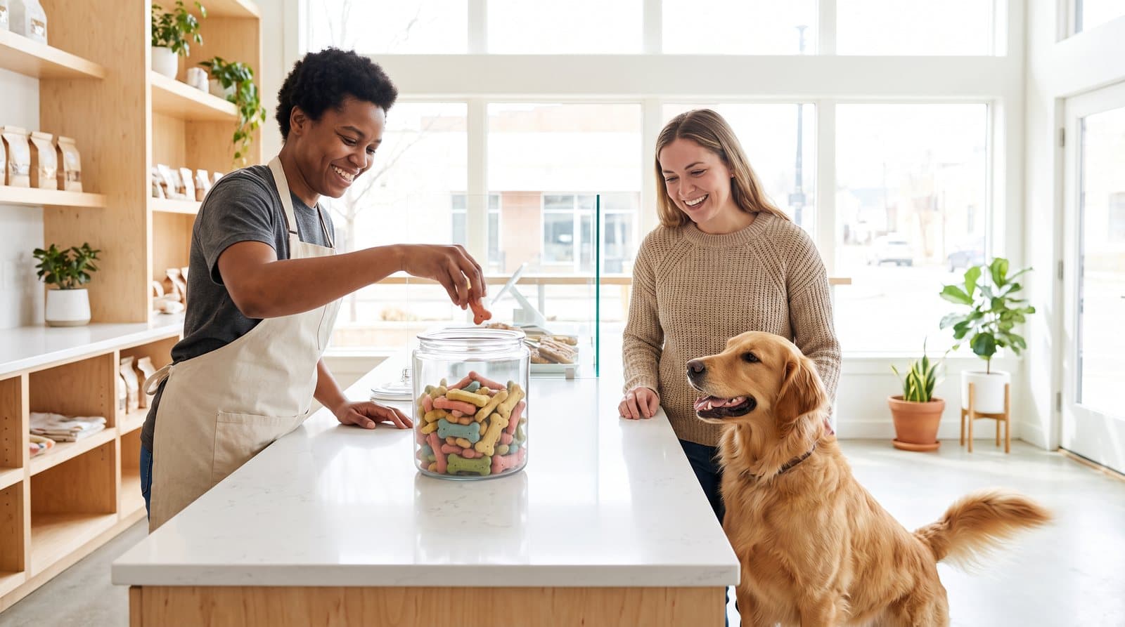 A dog bakery owner arranges treats