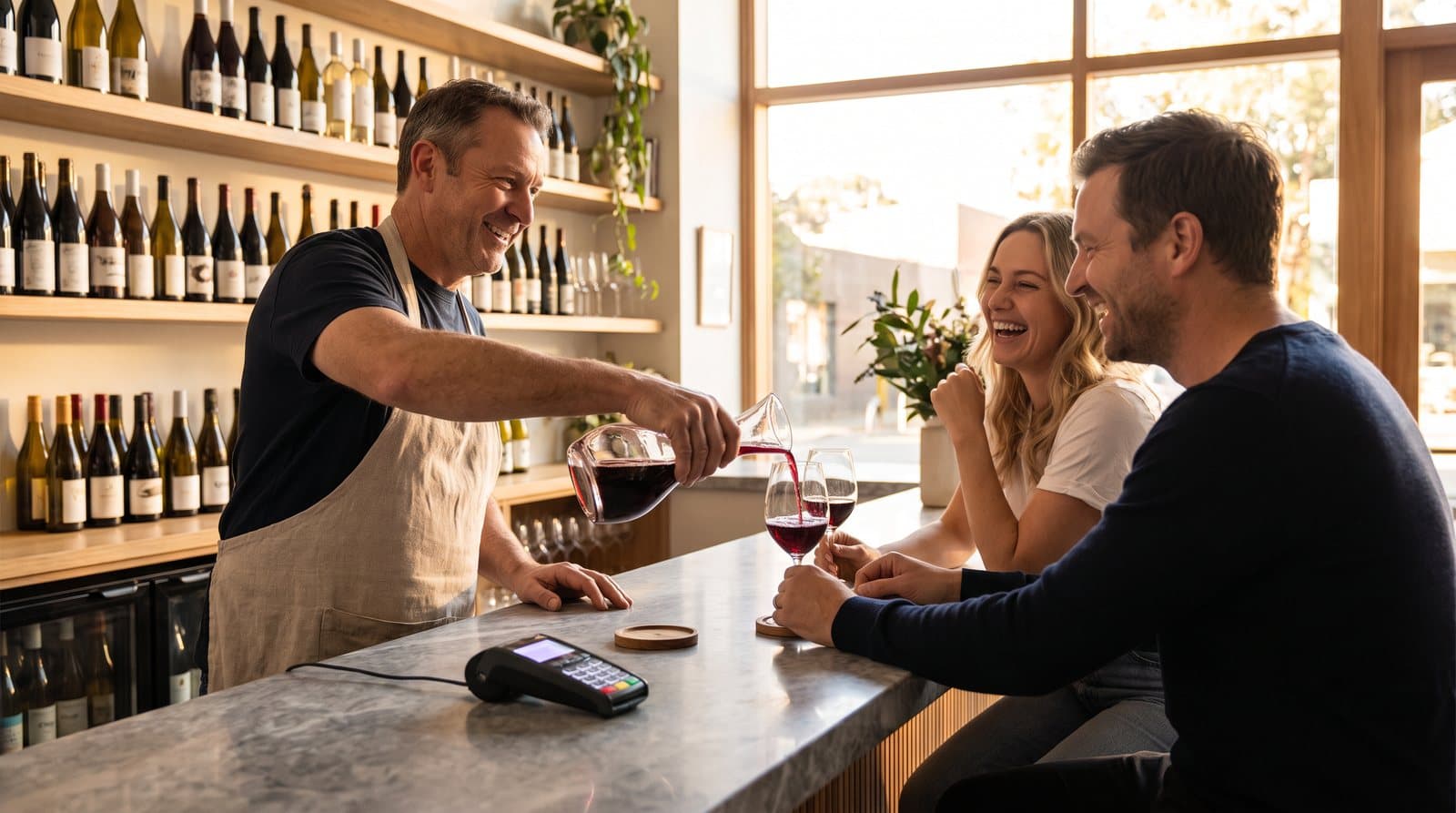 A wine bar owner pours for a couple at the bar