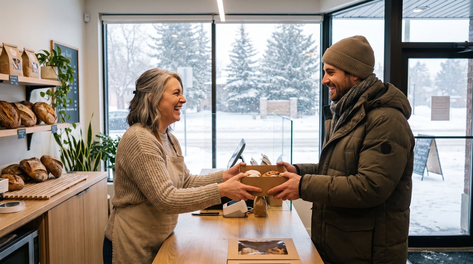 A bakery owner hands a box of pastries to a customer on a snowy morning