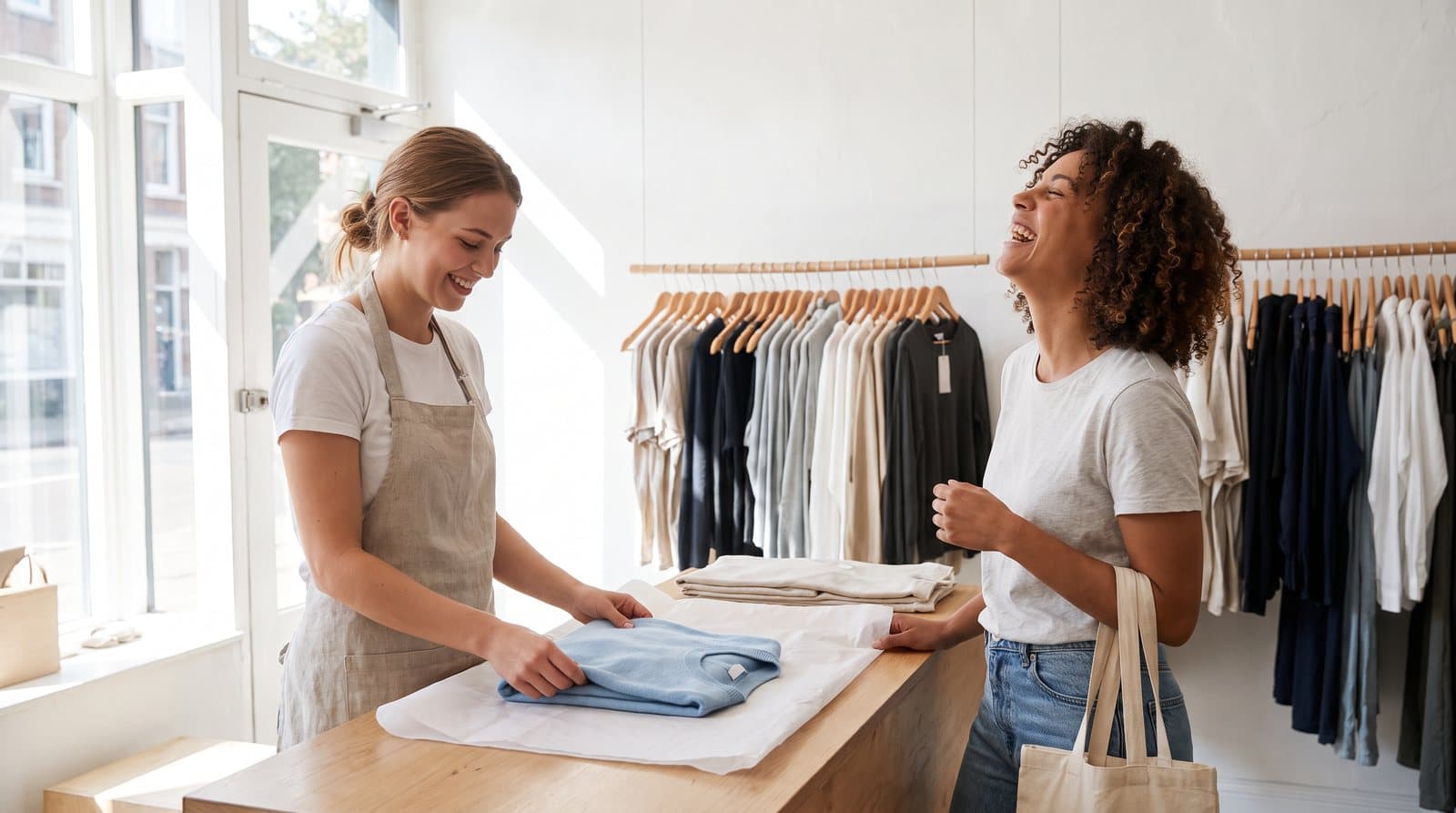 Une propriétaire de boutique emballe un chandail pour une cliente