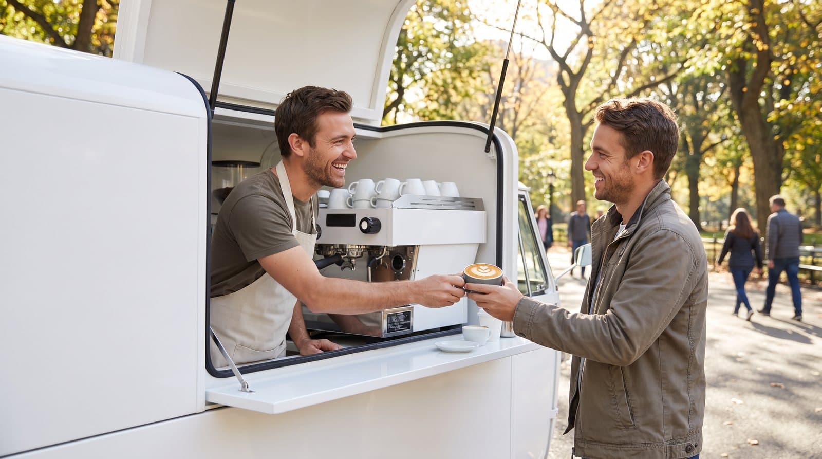 A coffee cart barista hands a latte to a customer