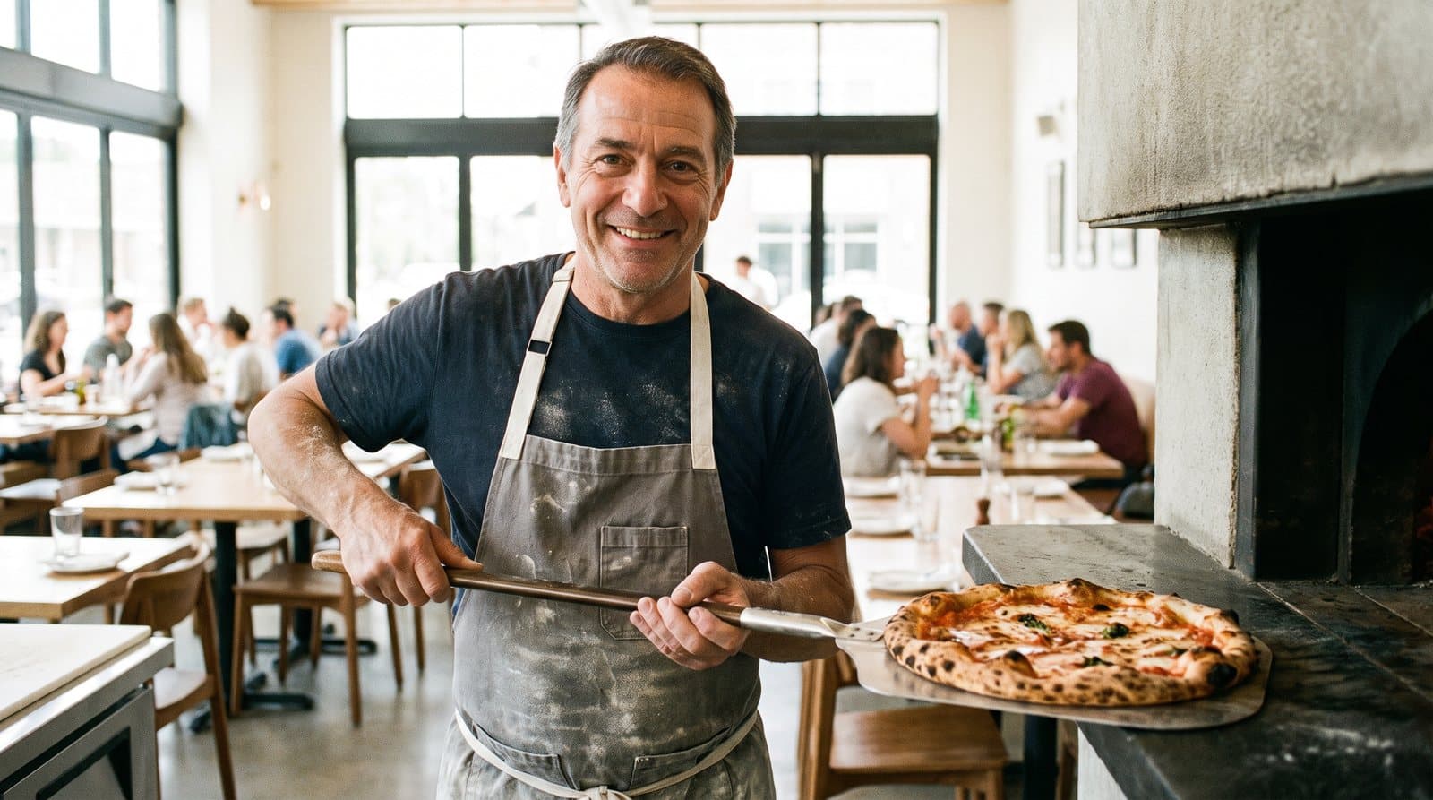 A taqueria owner smiles as a customer pays