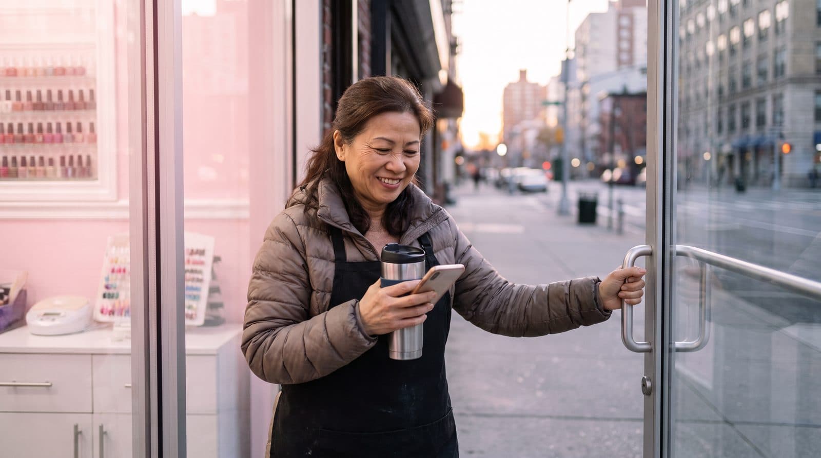 A salon owner opens her shop and smiles at her phone