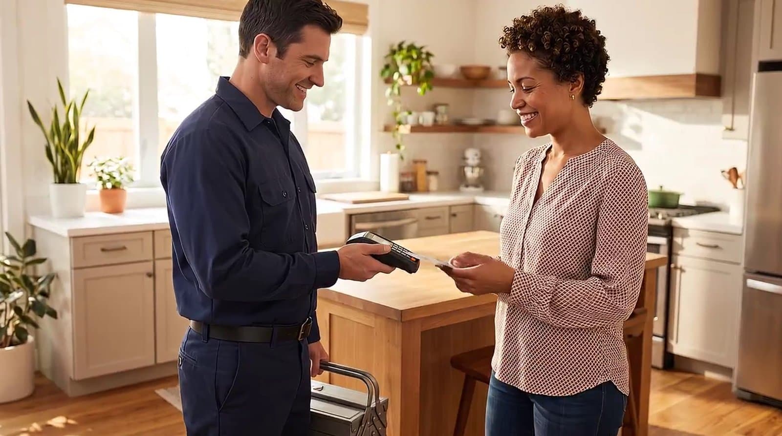 A homeowner pays an HVAC technician in her kitchen