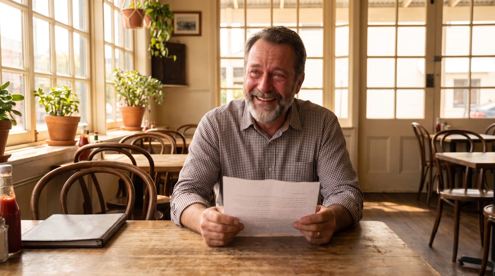 A restaurant owner reads a letter and smiles