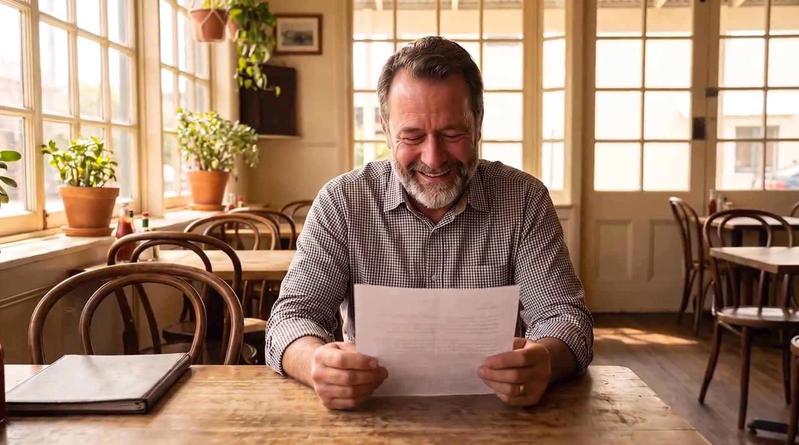 A restaurant owner reads a letter and smiles