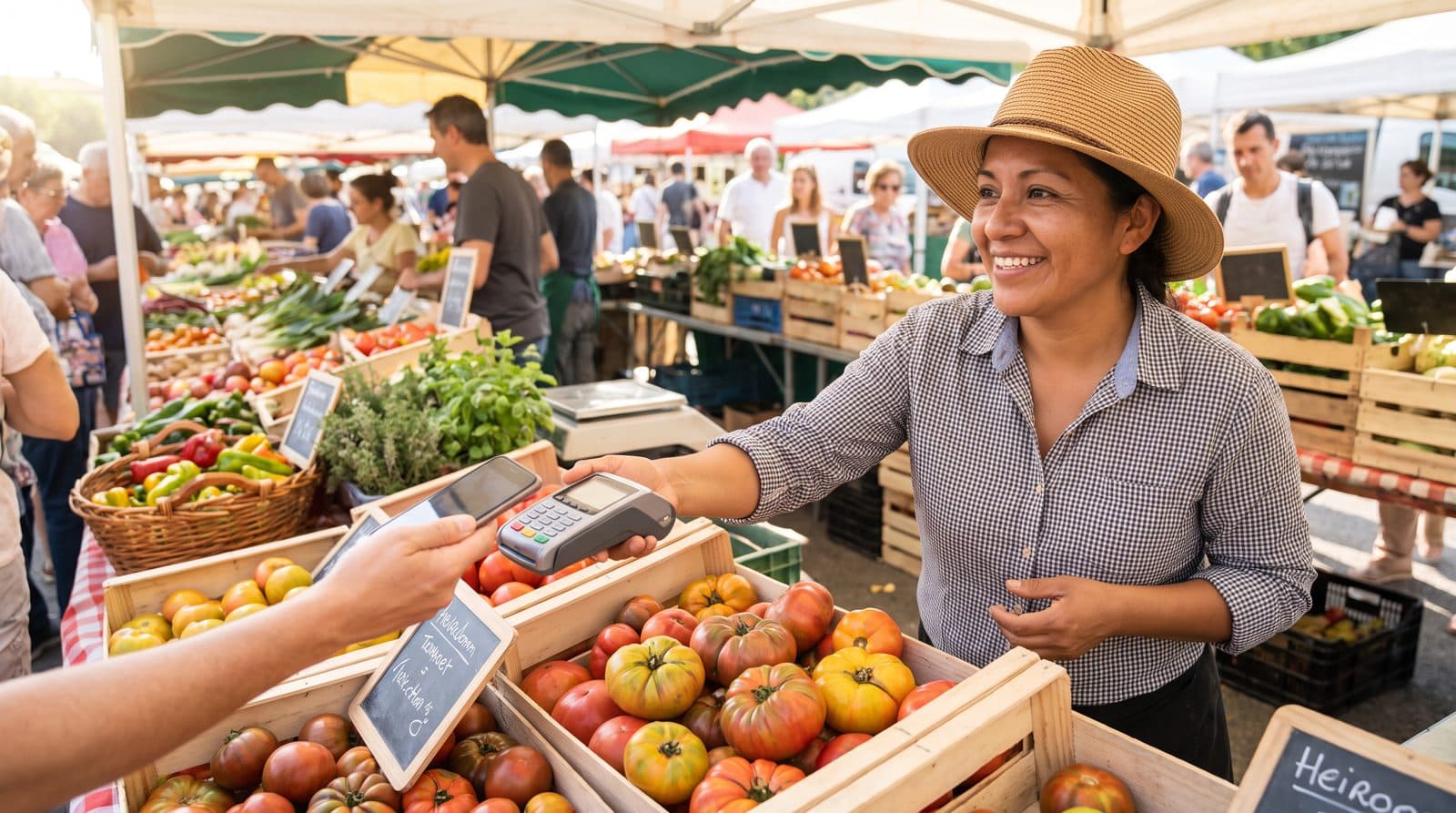 A farmer takes a payment at a market stall