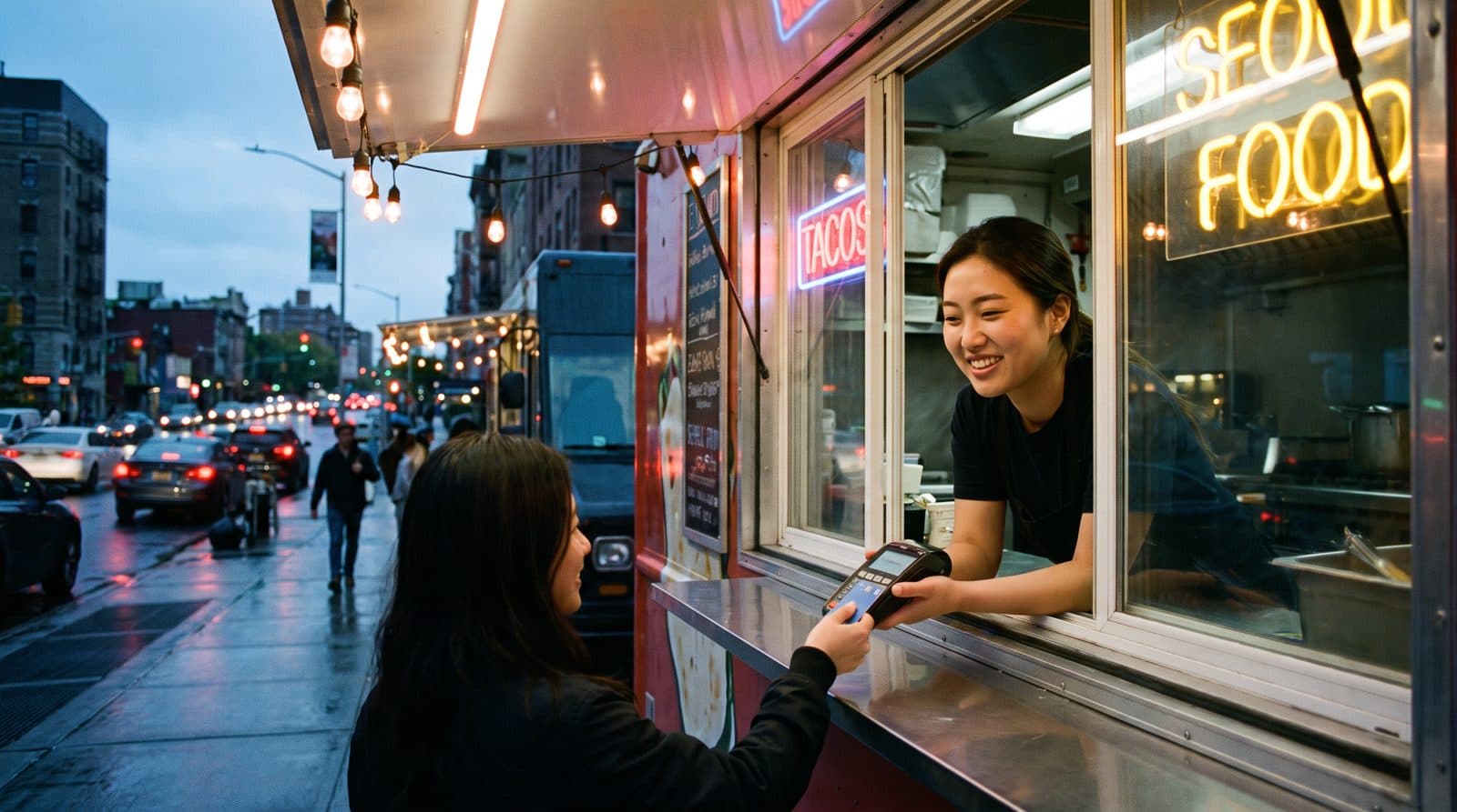 A food truck owner takes a payment