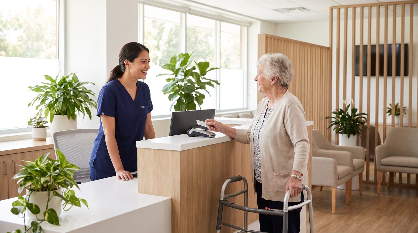 A clinic receptionist smiles as a patient taps a card at the front desk