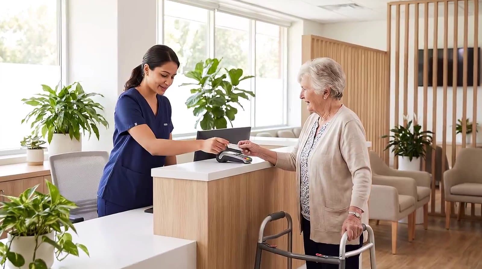 A receptionist smiles as a patient taps a card at the front desk