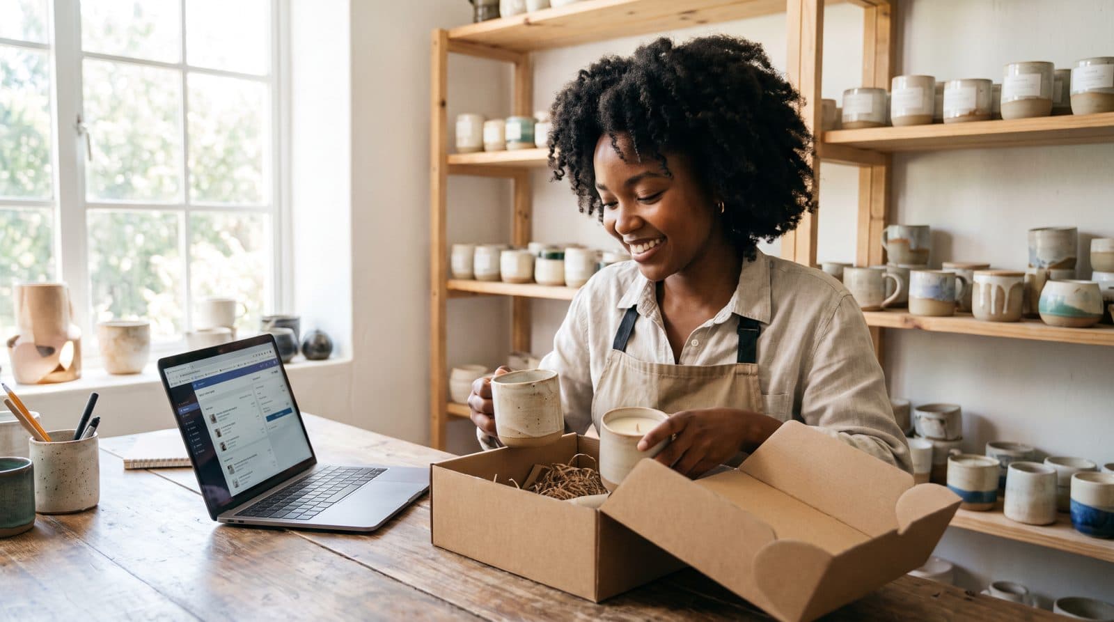 A ceramics maker packs online orders next to her laptop