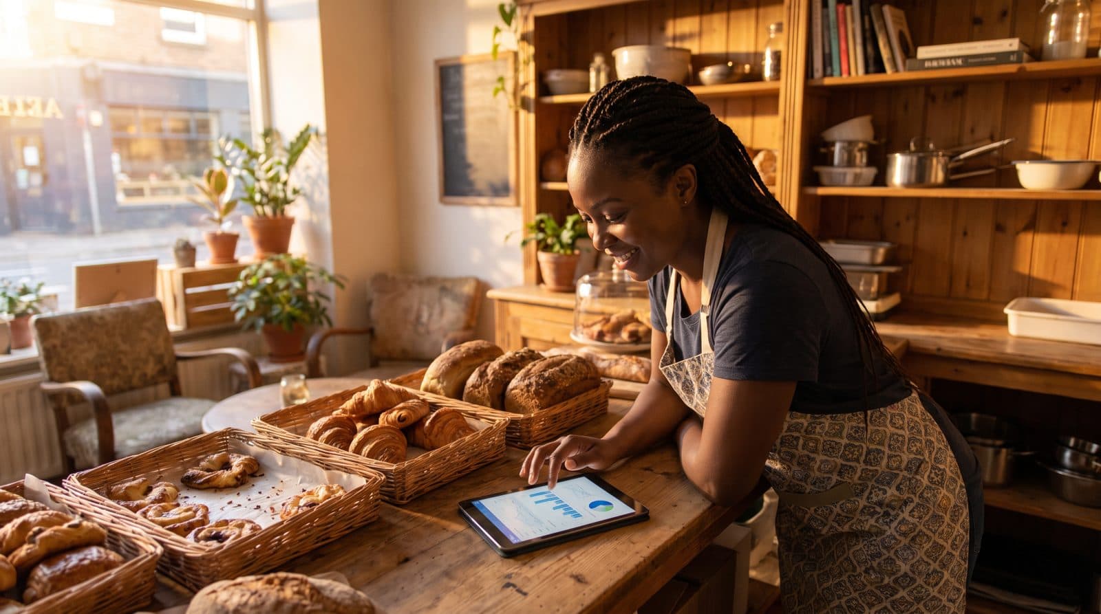 A bakery owner reviews the day on a tablet