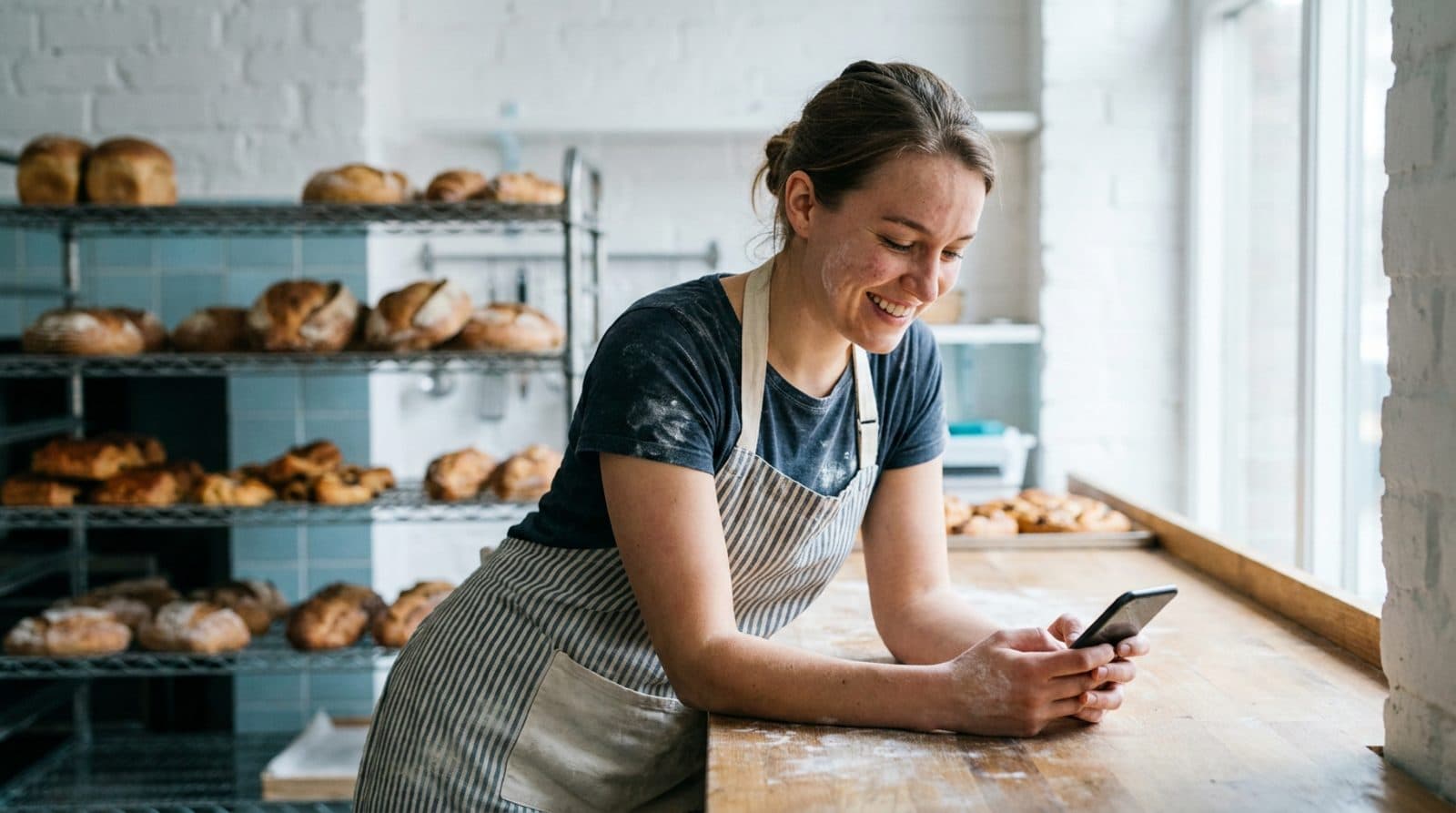 A bakery owner smiles at her phone