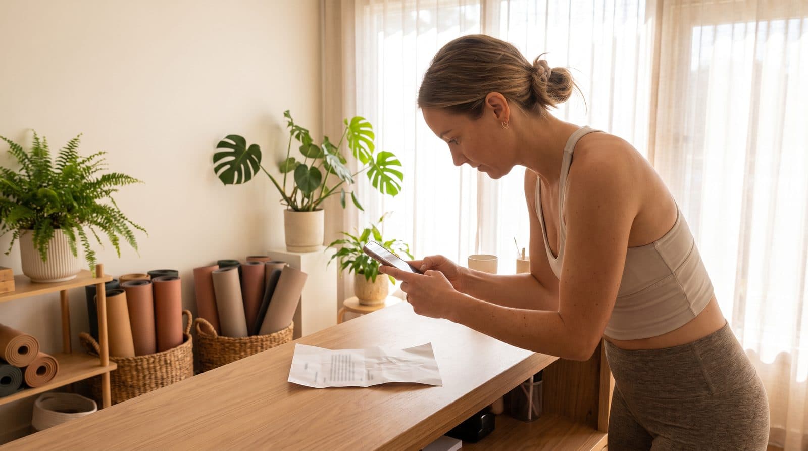 A studio owner photographs a statement with her phone