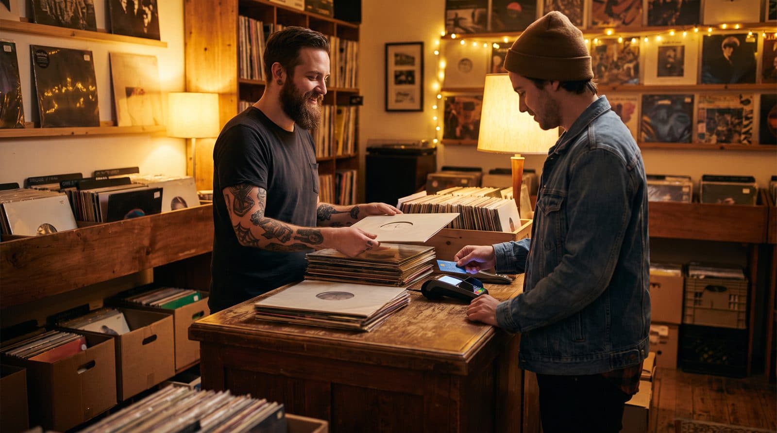 A record store owner hands a record to a customer