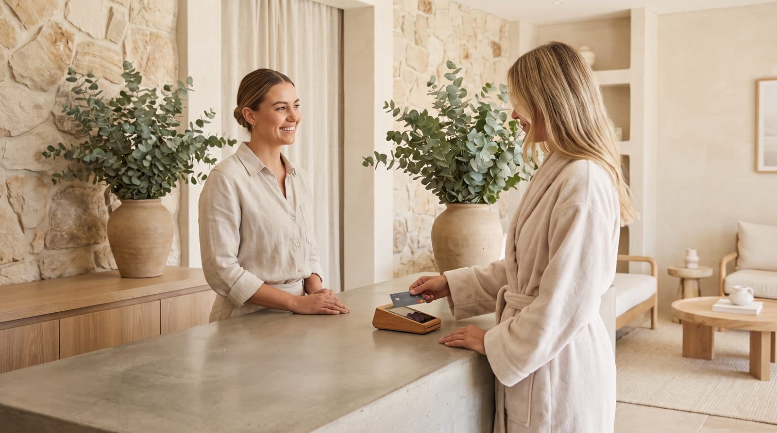 A spa client at reception