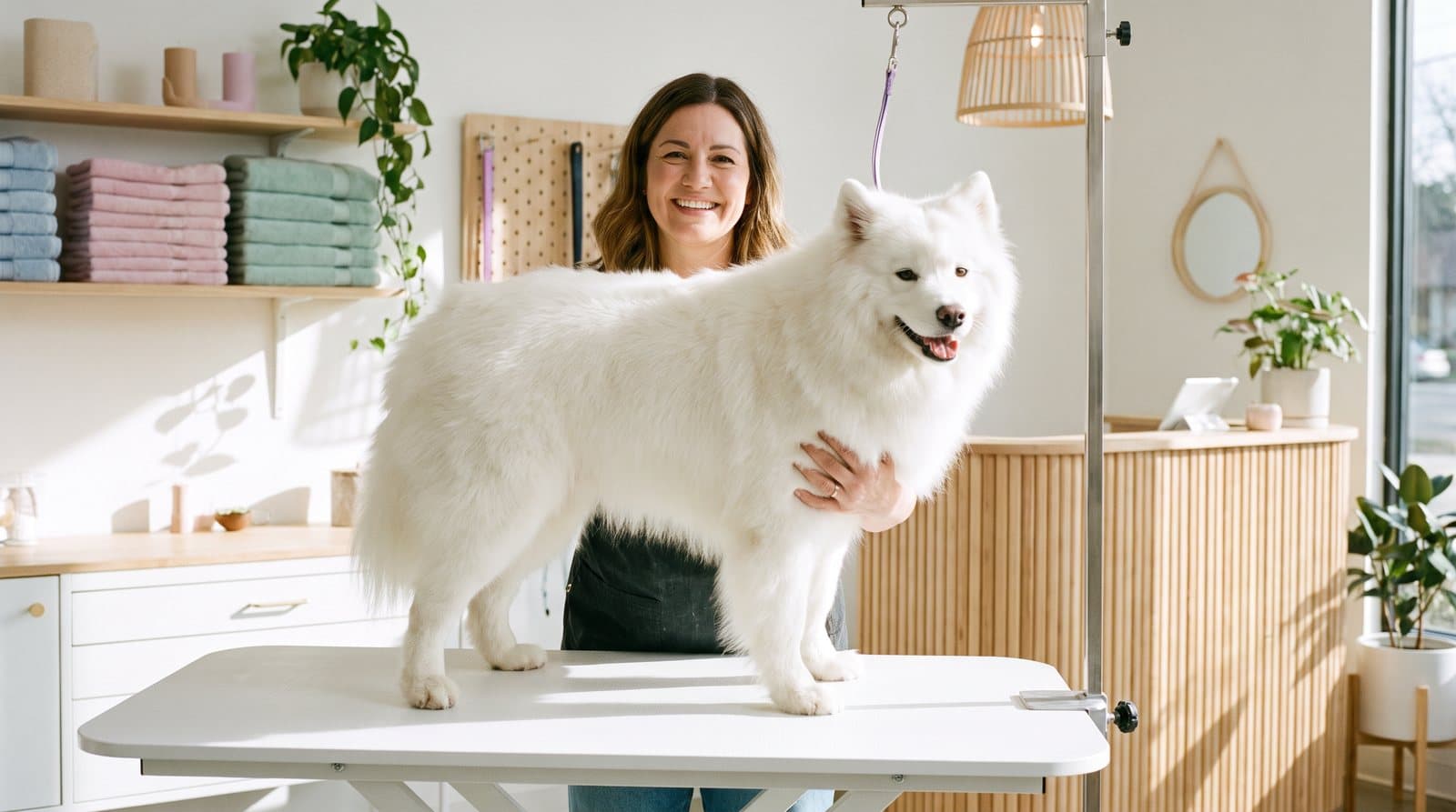 Une toiletteuse avec un chien fraîchement toiletté