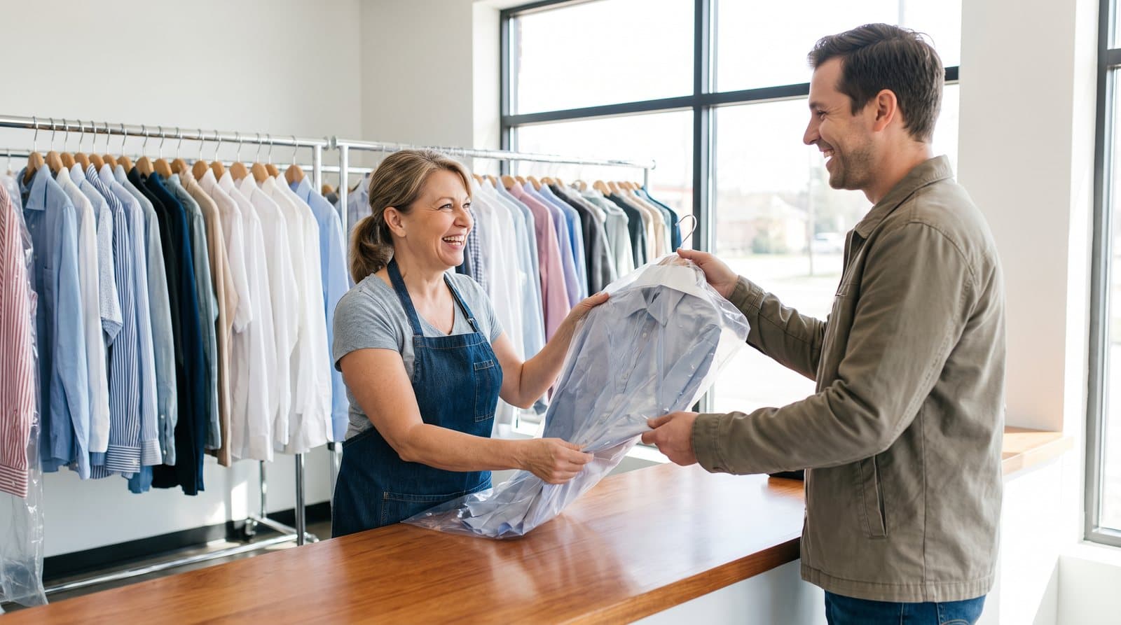 A dry cleaner hands a pressed garment to a smiling customer