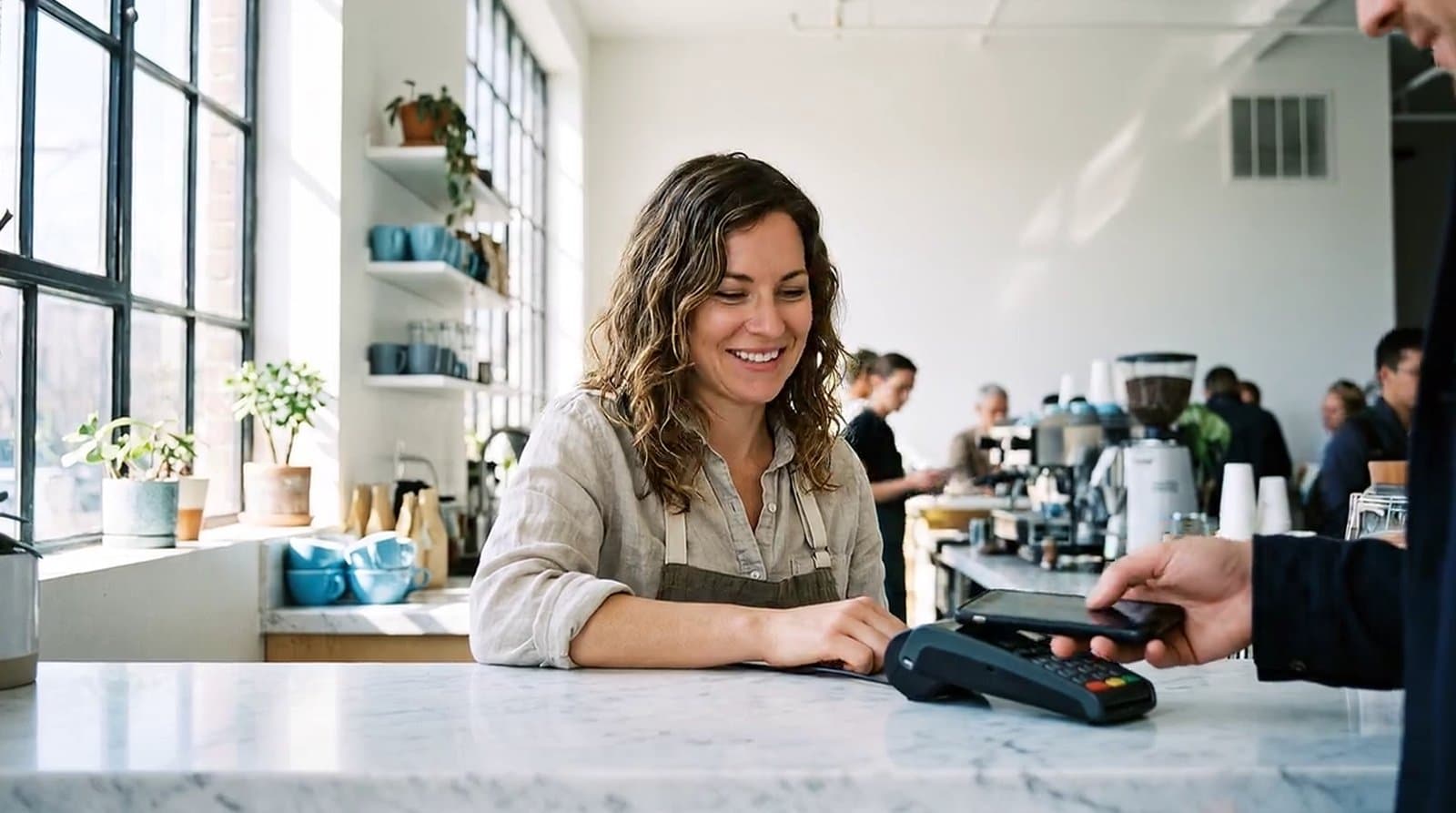 A cafe owner smiles at her counter beside a card terminal