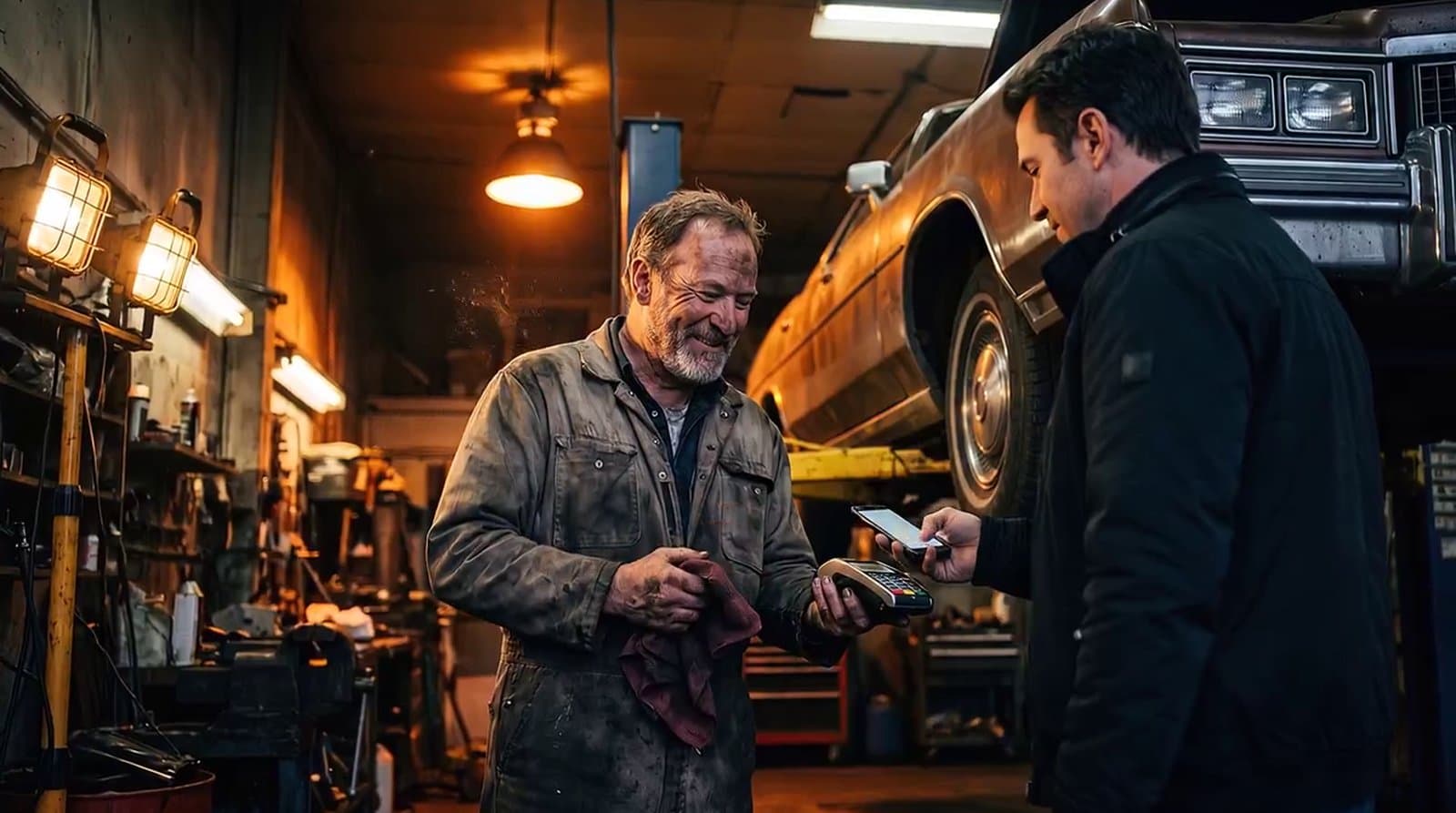 A mechanic grins as a customer taps a phone on his handheld terminal