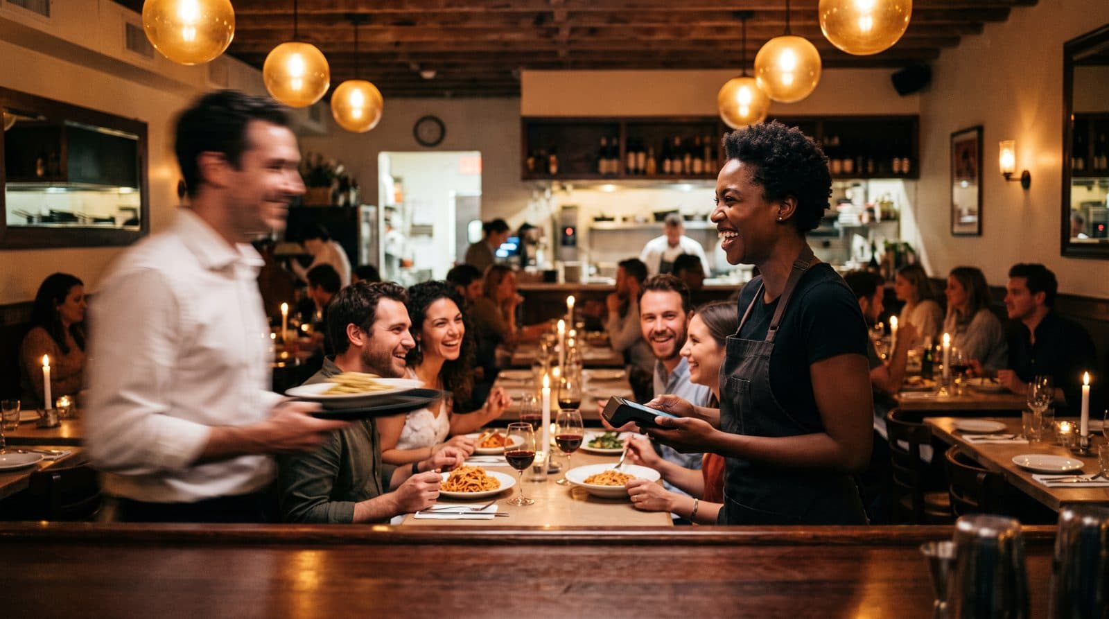 A server laughs with guests as she holds out a card terminal in a busy trattoria