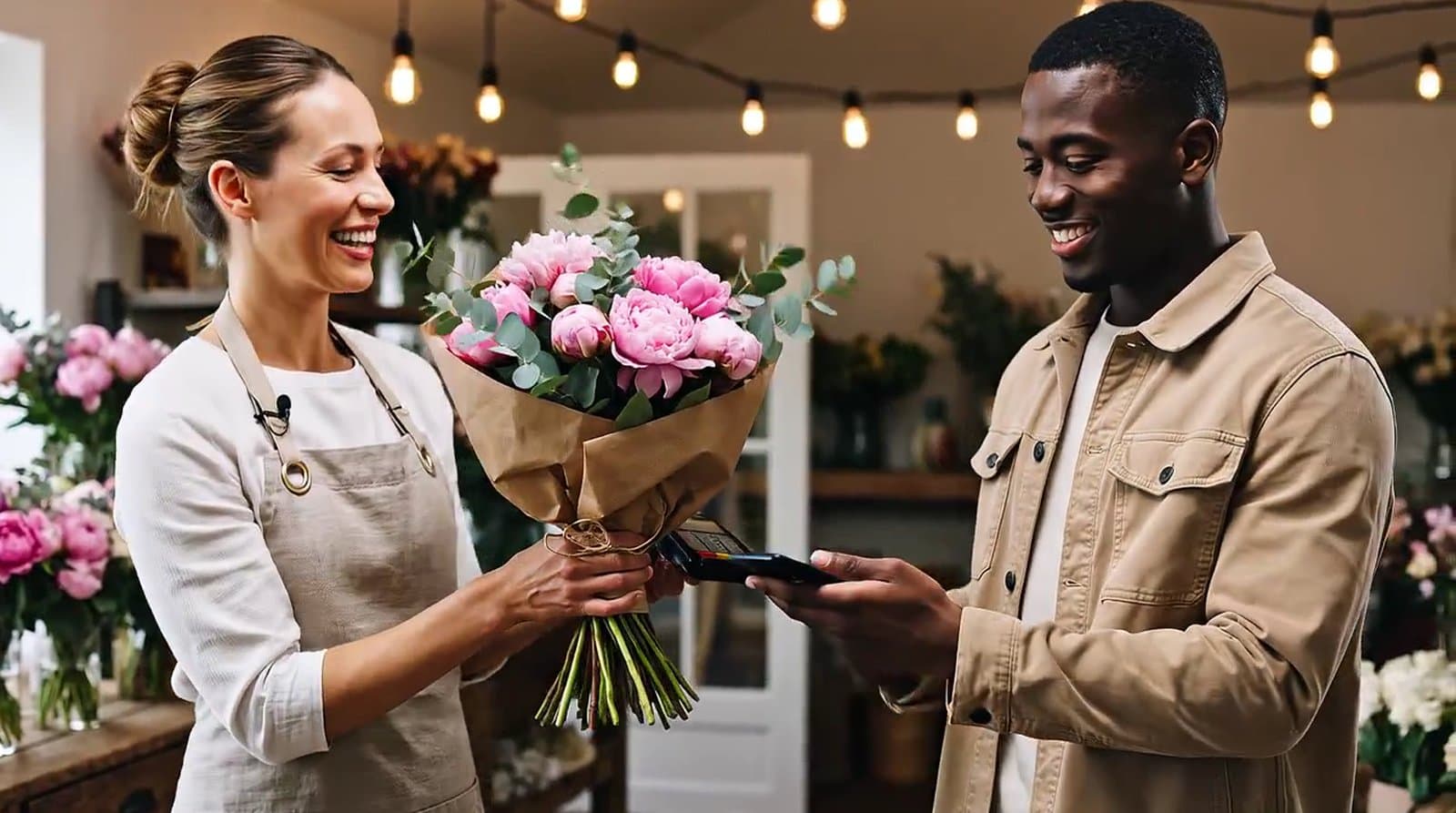 A florist hands over a bouquet as her customer taps a phone