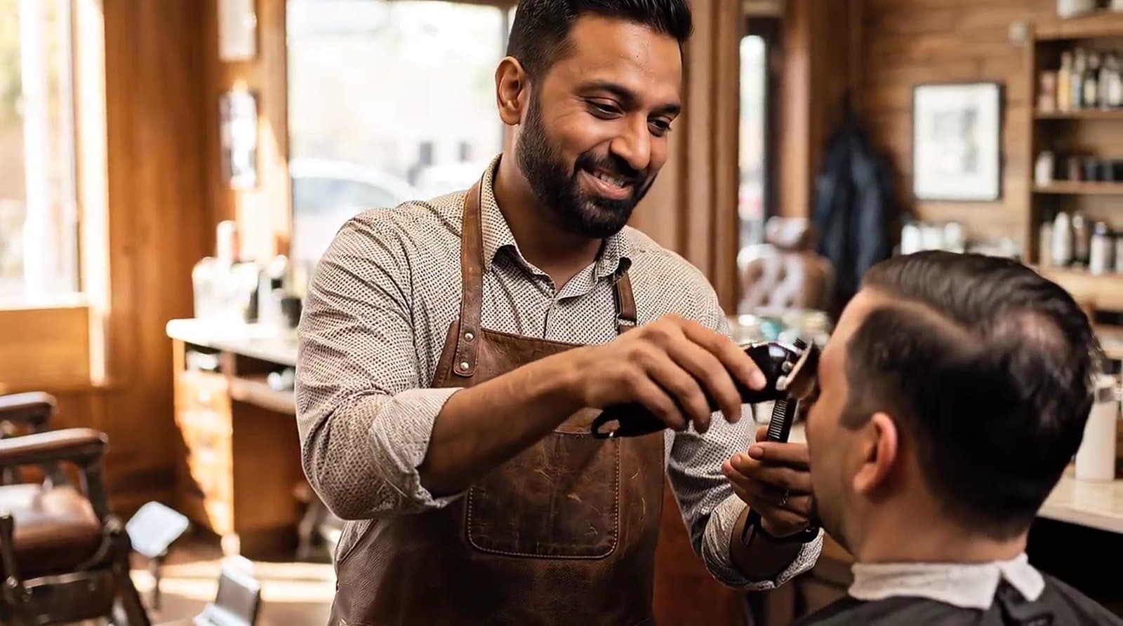 A barber laughs with his client while finishing a haircut